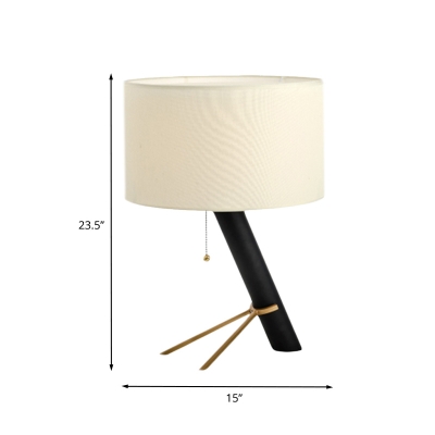 Modernist Cylinder Night Table Lighting Fabric 1-Head Bedside Nightstand Lighting in White with Pull Chain