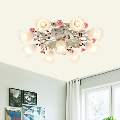 Sputnik Bedroom Semi Flush Light Fixture Korean Flower Milky Glass 4/6/9 Lights Green Flush Mount Lighting