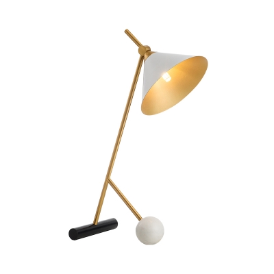 Wide Flared Metal Table Lighting Modernist LED White Desk Lamp with Tube and Ball Marble Base