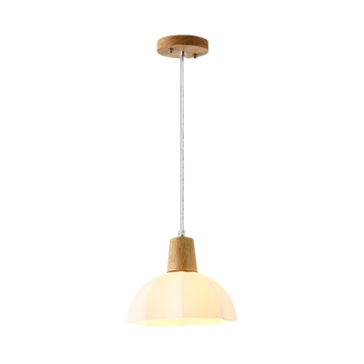 Domed Hanging Lamp Kit Simplicity White Glass 1-Light Dining Room Pendant Light Fixture in Beige with Wood Cap