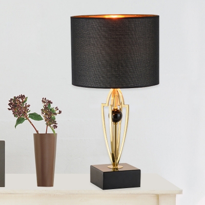 Drum Fabric Night Table Light Nordic 1-Head Black Nightstand Lamp with Geometric Metal Base
