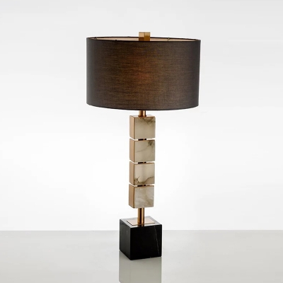 Fabric Drum Nightstand Lamp Modernism 1 Head Brown Night Lighting with Square Marble Base