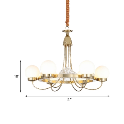 Frosted White Glass Ball Pendant Post Modern 6 Bulbs LED Hanging Chandelier in Gold with Curved Arm