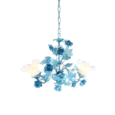Ivory Glass Blue Chandelier Lamp Blossom 3/6 Heads Korean Garden Down Lighting Pendant for Living Room