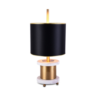 Luxurious Cylindrical Fabric Table Light 1-Bulb Night Lighting in Black with Round Marble and Metal Base