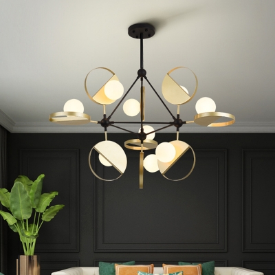 Opal Glass Orb Semi Flush Mount Modernism 9-Light Ceiling Mounted Fixture in Black and Gold with Vertical Design