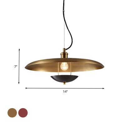 Red/Gold Finish 1 Head Pendant Lighting Vintage Metallic Flat Suspension Lamp with Adjustable Cord