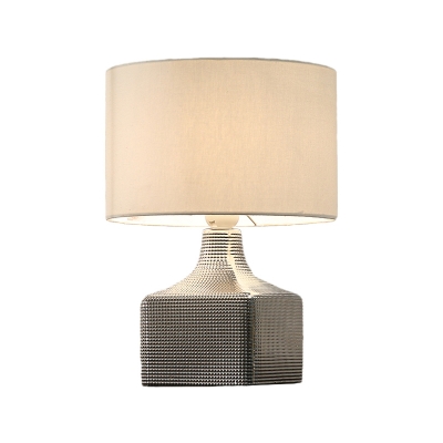 Simplistic Drum Night Table Lamp Fabric 1 Bulb Bedroom Desk Light with Creative Square Metal Base in White