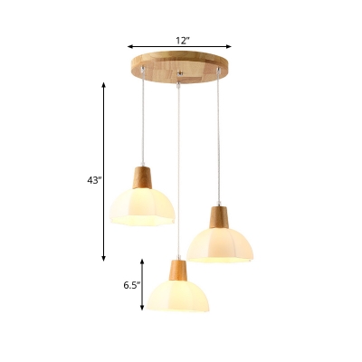 White Domed Hanging Lamp Contemporary 3 Bulbs Wood Cluster Pendant Light with Opal Glass Shade