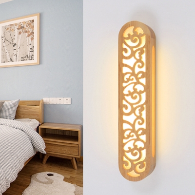 Wood Oval Shade Wall Lighting Ideas Simple Stylish LED Sconce Light Fixture in Beige for Bedroom with Hollow Design