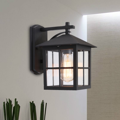 1-Light Sconce Light Lodges Outdoor Wall Mount Lamp Fixture with Cuboid Clear Glass Shade in Black