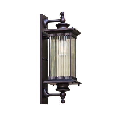 1-Light Wall Sconce Farmhouse Outdoor Wall Mounted Lamp with Cuboid Clear Ribbed Glass Shade in Black/Coffee
