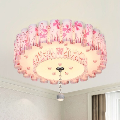 Acrylic Tiered Flush Mount Lighting Pastoral LED Bedroom Ceiling Light Fixture in Pink/Purple with Crystal Ball