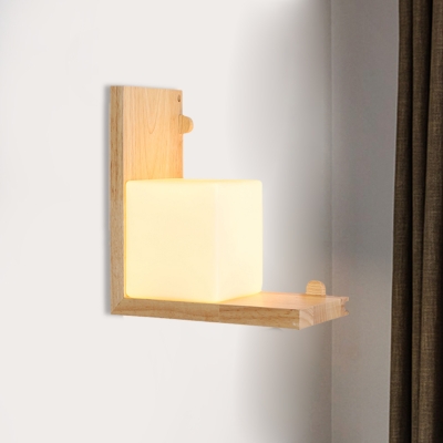 Asia Square White Glass Wall Mount Light Fixture LED Wall Sconce Lighting in Beige with Wood Frame