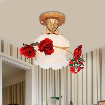 Brown 1 Bulb Flush Mount Lamp Korean Flower Opal Glass Scalloped Semi Flush Ceiling Light for Bedroom