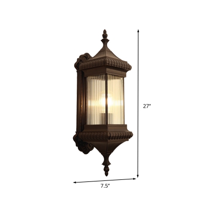 Coffee Cuboid Wall Mount Sconce Country Clear Ribbed Glass 1 Bulb Outdoor Wall Light Fixture