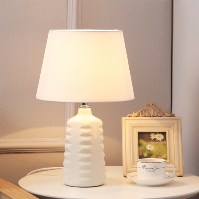 Conical Desk Light Simplicity Fabric 1 Bulb White Ceramic Base Designed Nightstand Lamps with Switch for Bedroom