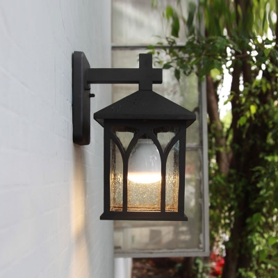 Cuboid Clear Glass Sconce Lighting Lodges 1-Light Outdoor Wall Mounted Lamp in Black