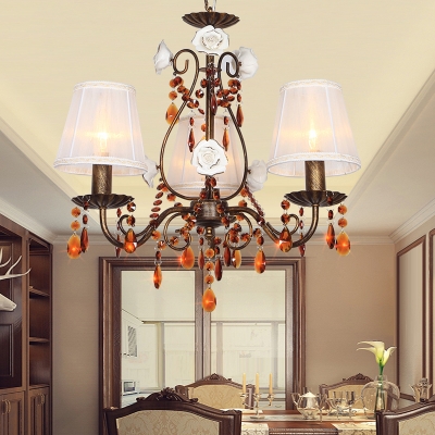 Fabric Cone Chandelier Lamp American Flower 3 Lights Dining Room Pendant in Antique Brass with Coffee Crystal Accent