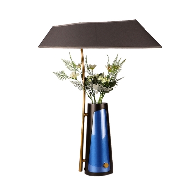 Modern Tapered Fabric Table Lamp 1-Light Nightstand Light in Black with Metal Vase Base
