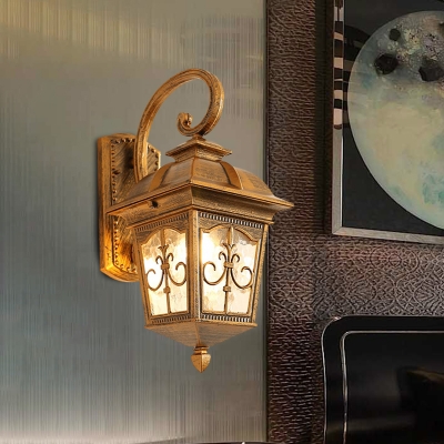 Rustic Lantern Wall Mount Light 1-Light Metal Sconce in Black/Brass with Water Glass Shade