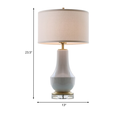 White Drum Night Table Lamps Simplicity 1 Bulb Fabric Desk Light with Ceramic Bottle Base for Bedroom