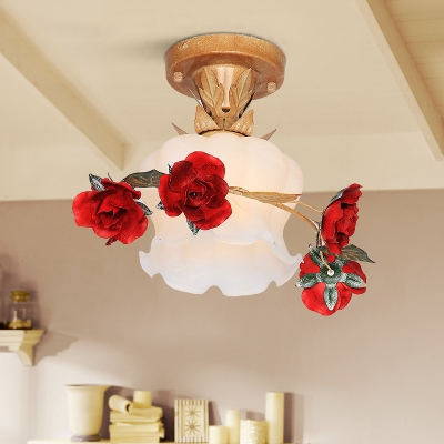 Brown 1 Bulb Flush Mount Lamp Korean Flower Opal Glass Scalloped Semi Flush Ceiling Light for Bedroom