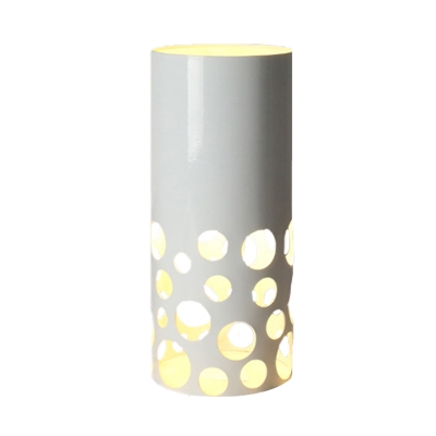 Cylinder Night Table Lamp Simplicity 1 Head Tea Room Nightstand Light in White with Hollow Design