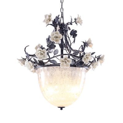 Korean Flower Bowl Hanging Chandelier 4 Lights White Glass Pendant Light Fixture for Dining Room