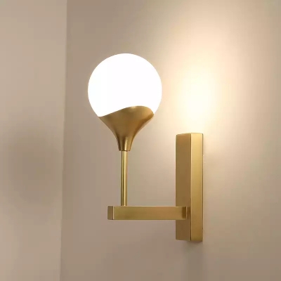 Post Modern 1 Light Angled Arm Sconce Brass Sphere LED Wall Lamp Fixture with Frosted White Glass Shade