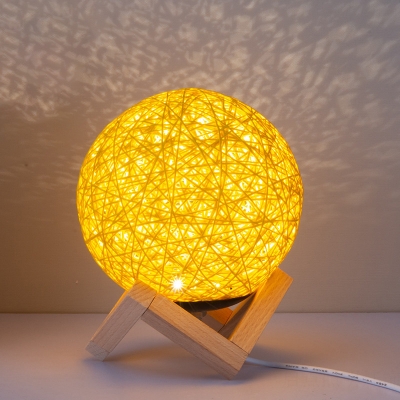 Rattan Global Table Lamps Minimalist Yellow LED Night Light with Wooden Geometric Support for Living Room
