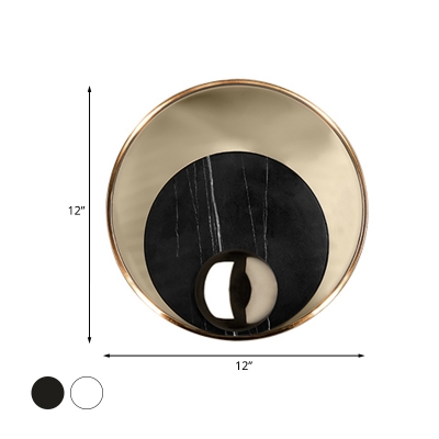White/Black Round Flush Wall Sconce Modernist 1 Bulb Marble LED Wall Mount Light with Gold Metal Backplate