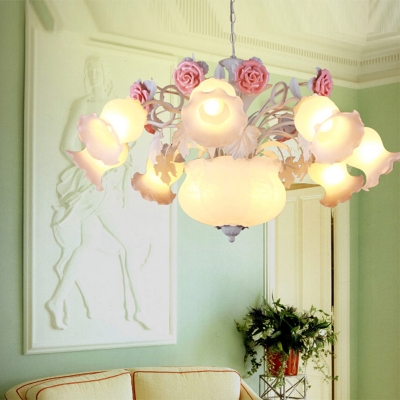 White Glass Bloom Ceiling Chandelier Pastoral Style 10 Bulbs Living Room Hanging Lamp Kit
