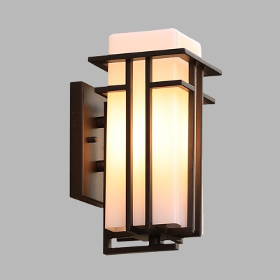 1 Light Cuboid Wall Lighting Farmhouse White Glass Wall Mount Sconce with Matte Black Metal Frame
