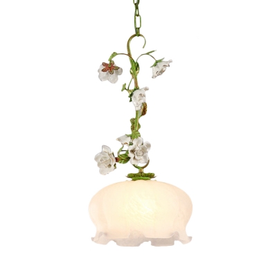 1-Light White Glass Pendant Lamp Korean Garden Green Scalloped Dining Room Hanging Light with Flower Design