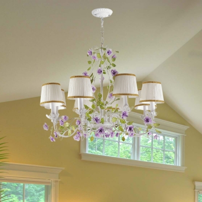Countryside Barrel Hanging Ceiling Light 3/6/8 Lights Fabric Chandelier in White with Purple Flower Accent