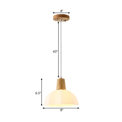 Domed Hanging Lamp Kit Simplicity White Glass 1-Light Dining Room Pendant Light Fixture in Beige with Wood Cap