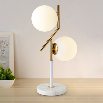Global Desk Light Simplicity White Glass 2 Bulbs Gold Nightstand Lamps with Marble Base for Bedroom