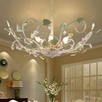 Iron White Ceiling Pendant Open Bulb 6 Heads Korean Garden Hanging Chandelier with Crystal Accent