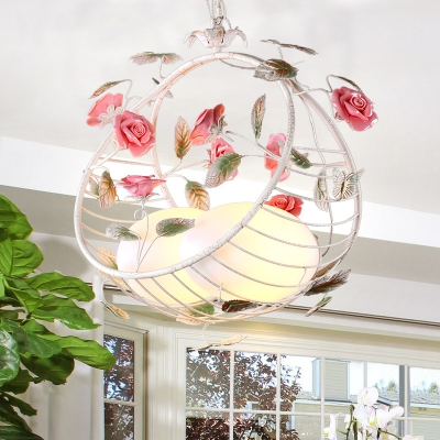 Korean Garden Egg Pendant Chandelier 2 Heads White Glass Hanging Light Fixture with Metal Bird Nest