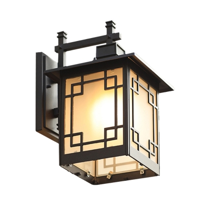 Lantern Opal Glass Wall Lighting Farmhouse 1 Head Outdoor Sconce Lamp Fixture in Brass/Black
