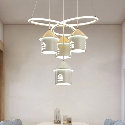 Modern House Shaped Hanging Chandelier Aluminum 4 Heads Restaurant Suspended Lighting Fixture with Twisting Design in White