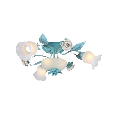 Opal Glass Blue Ceiling Light Flower 5/7/11 Bulbs Romantic Pastoral Semi Flush Mount Lighting for Bedroom