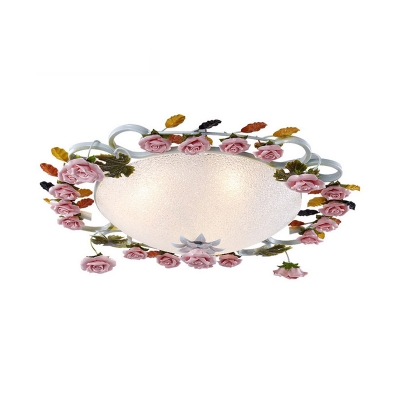 Pink 3/5 Heads Ceiling Lighting Romantic Pastoral White Glass Bowl Flush Mount Spotlight with Rose Design, 23.5