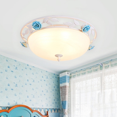 Romantic Pastoral Dome Flush Light White Glass LED Flush Mount Recessed Lighting with Blue Rose Decor