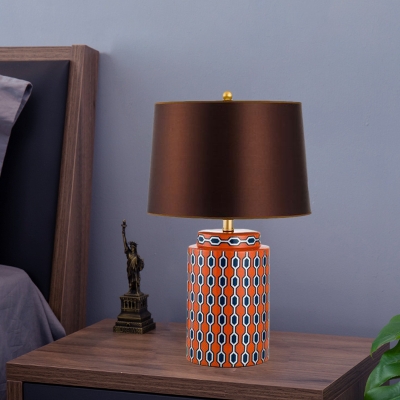 Simple Bucket Fabric Desk Lamp 1 Light Nightstand Lighting in Blue/Orange with Cylinder Ceramic Base