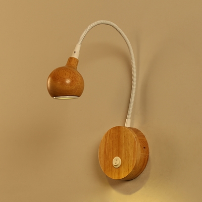 Simplicity Globe Wall Light Wood LED Bedroom Wall Sconce Lighting in White with Curved Arm