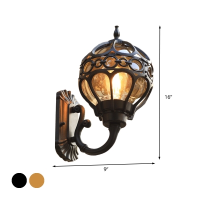 Black/Brass Globe Frame Sconce Light Farmhouse Metal 1-Bulb Outdoor Wall Lamp Fixture with Clear Glass Shade