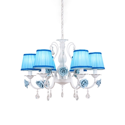 Blue Cone Suspended Lighting Fixture Korean Flower Fabric 3/6/8-Bulb Bedroom Chandelier Light with Crystal Drop