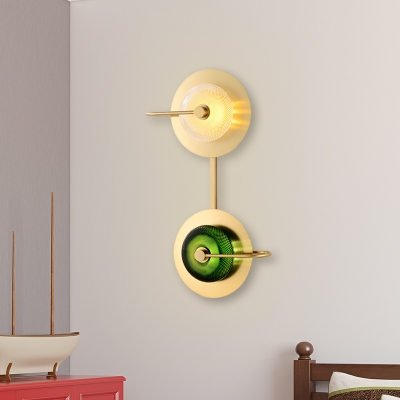 Doughnut Wall Light Post Modern Clear and Green Latticed Glass LED Brass Wall Mount Sconce with 2-Disk Detail